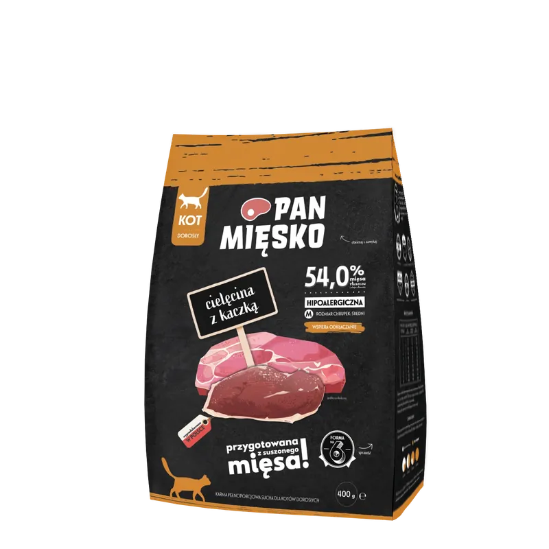 Végkiárusítás PAN MIĘSKO Borjúhús kacsával, M méret, 400 g, macskáknak