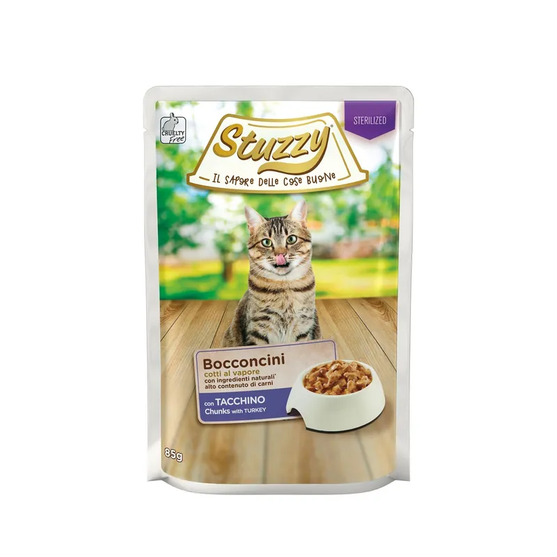 Kedvezmény Stuzzy Bocconcini Sterilized, nedves macskatáp, pulykahús mártásban, 85 g, tasak, ivartalanított macskáknak