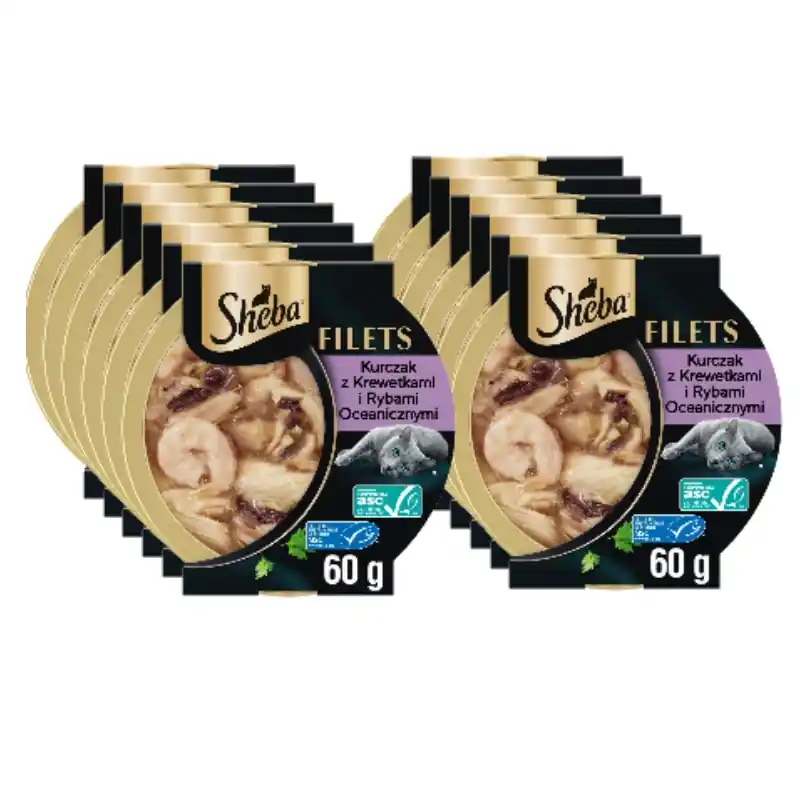 Szezonális akció SHEBA Filé csirkével, tengeri hallal és garnélával mártásban, 12x60 g-os tálca