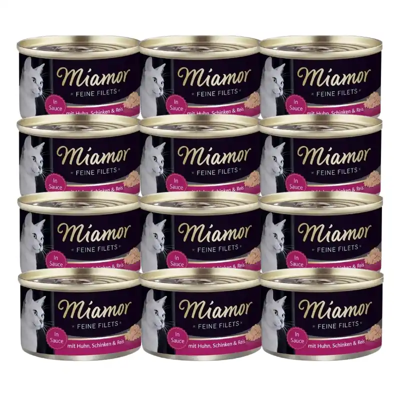 Akciós ár Miamor Feine Filets zselében - nedves macskaeledel csirkével, sonkával és rizzsel 12x100 g-os konzerv
