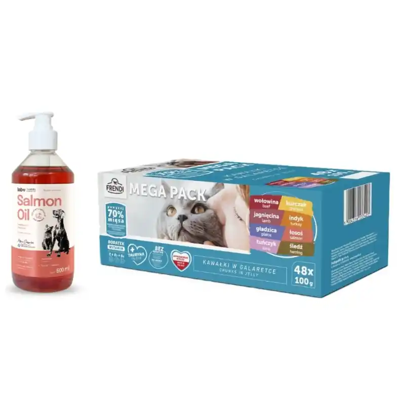 Frendi tasakok macskáknak, hús- és halízesítésű zselében, 48x100g + Lab-v Lazacolaj kutyáknak és macskáknak, 500ml Expressz kézbesítés