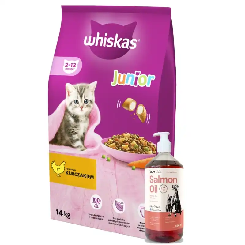 Expressz szállítás WHISKAS Száraz eledel junior cicáknak csirkével 14 kg + Lab-V 100% lazacolaj kutyáknak és macskáknak minden korosztály számára 1000 ml hidegen sajtolt