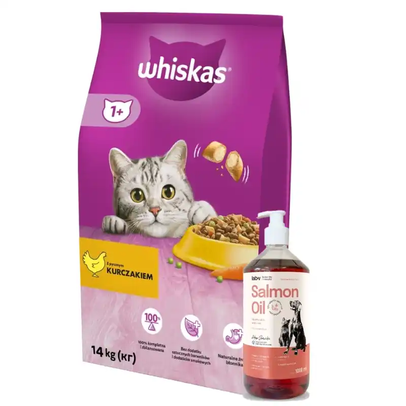 WHISKAS 1+ száraz macskaeledel csirkével 14 kg + Lab-V 100% lazacolaj kutyáknak és macskáknak minden korosztály számára 1000 ml hidegen sajtolt Legjobb ár