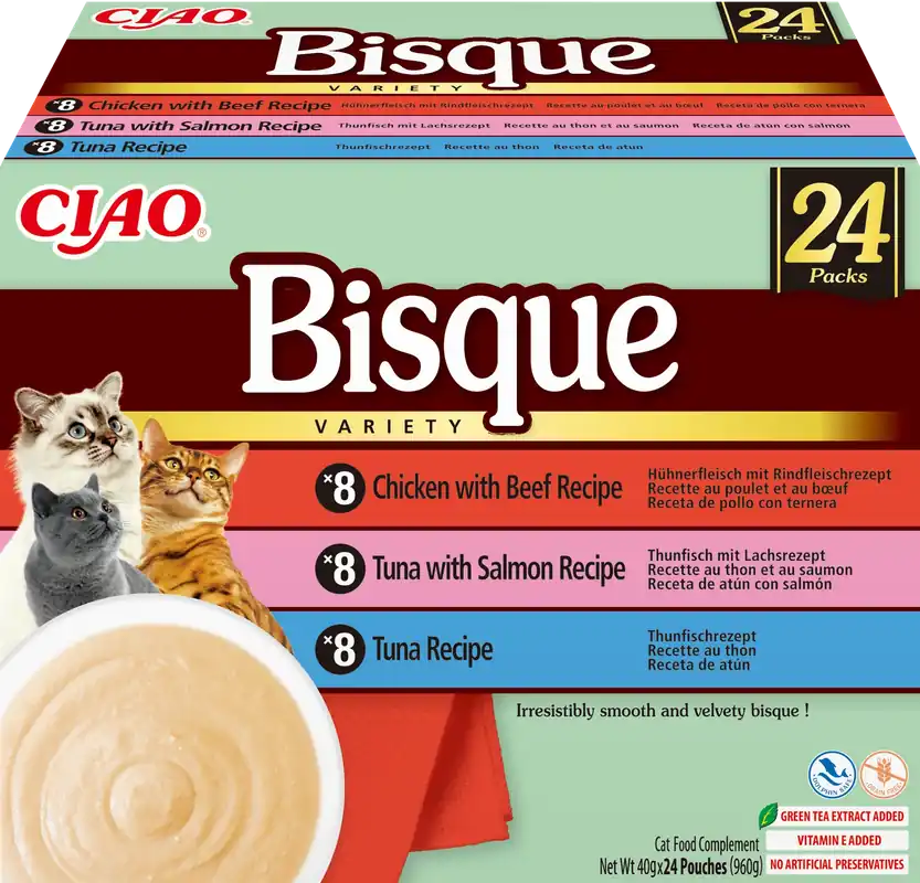 Outlet INABA Cat Ciao Bisque - kiegészítő eledel macskáknak, krémleves csirkével, marhahússal, tonhallal és lazaccal 24x40g