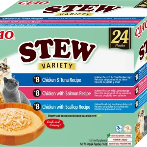 Akciós ár INABA Cat Ciao Stew - kiegészítő eledel macskáknak csirke, tonhal, lazac és fésűkagyló ízzel 24x40g