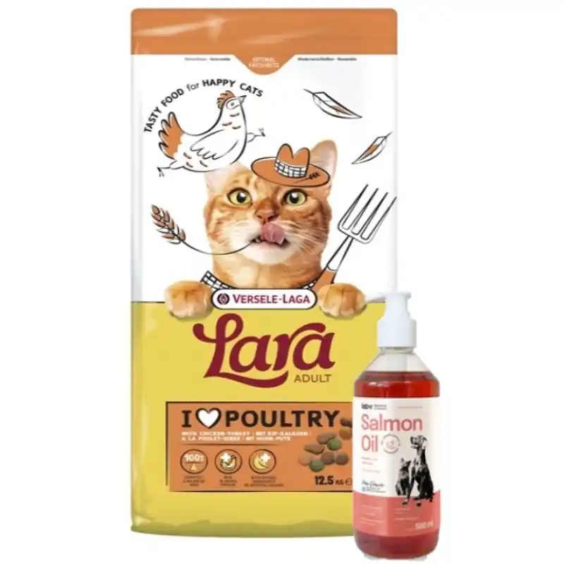 Kiárusítás VERSELE-LAGA Lara Adult Turkey & Chicken 12,5 kg – felnőtt macskáknak való táplálék pulykával és csirkével + Lab-v Lazacolaj kutyáknak és macskáknak 500 ml