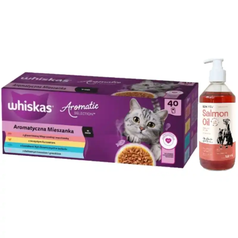 WHISKAS Adult tasakok Aromatic Mix 40 x 85 g - nedves macskaeledel +LAB V Lazacolaj kutyáknak és macskáknak 500 ml Azonnali szállítás