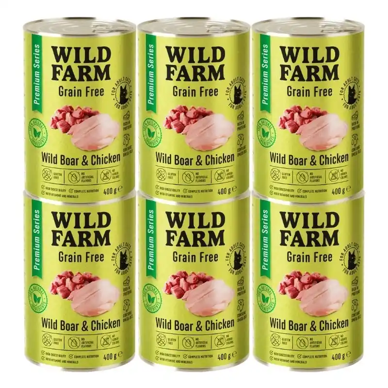 WILD FARM Premium Grain Free Wild Boar and Chicken 6x400g - gabonamentes macskatáp Biztonságos fizetés