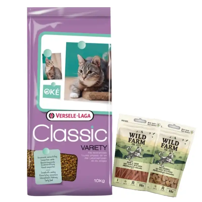 Versele-Laga Classic Cat Variety 10kg + WILD FARM 2x50g macska jutalomfalat Exkluzív ajánlat