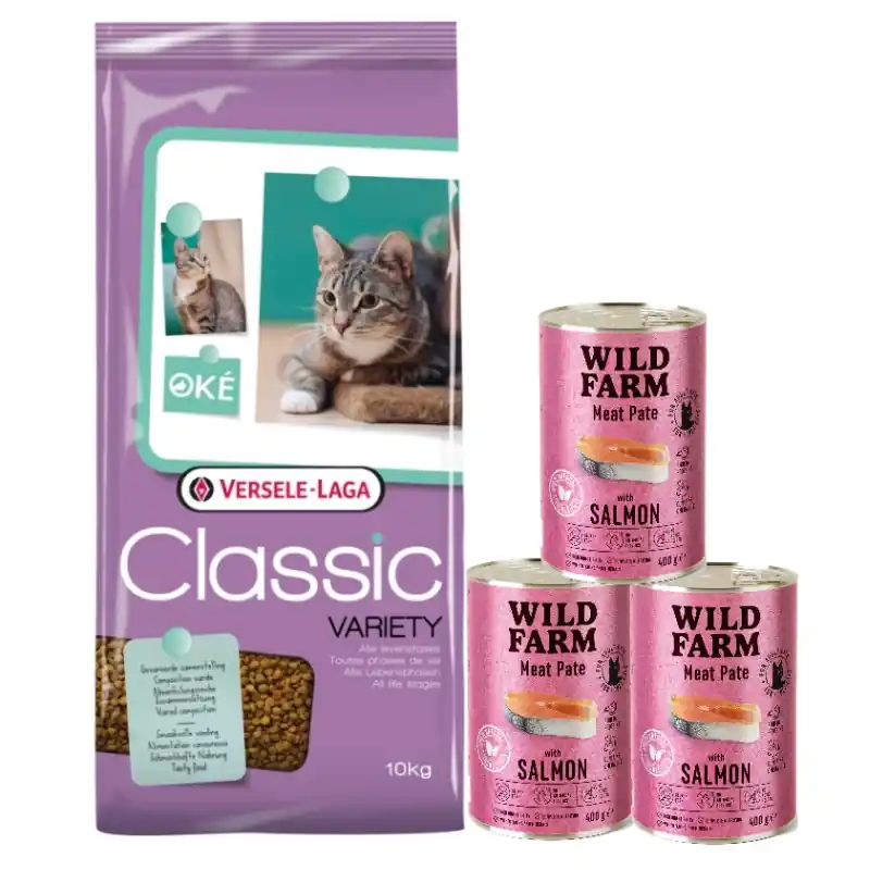 Ne maradj le Versele-Laga Classic Cat Variety 10 kg + WILD FARM Pate with Salmon 3x400 g – gluténmentes macskaeledel