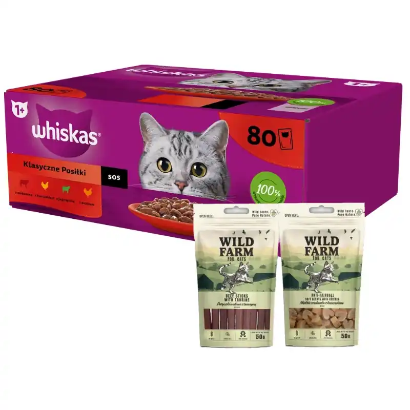 Biztonságos fizetés WHISKAS Adult tasakok 80 x 85g Classic Meals - nedves eledel felnőtt macskáknak, szószban (marhahús, csirke, bárány, baromfi) + WILD FARM 2x50g macskaeledel mix
