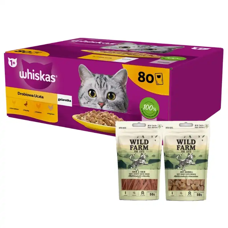 WHISKAS Adult tasak 80 x 85g Poultry Feast - nedves eledel felnőtt macskáknak, zselében (darabokban csirke, kacsa, baromfi, pulyka) + WILD FARM 2x50g macskaeledel mix. Olcsóbb