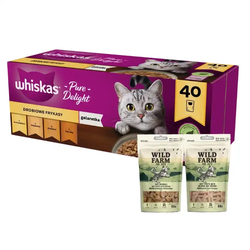 Alacsony ár WHISKAS Adult tasak 40 x 85g Poultry Treats - nedves eledel felnőtt macskáknak zselében (darabokban csirke, pulyka, baromfi, kacsa) + WILD FARM 2x50g macskaeledel mix.