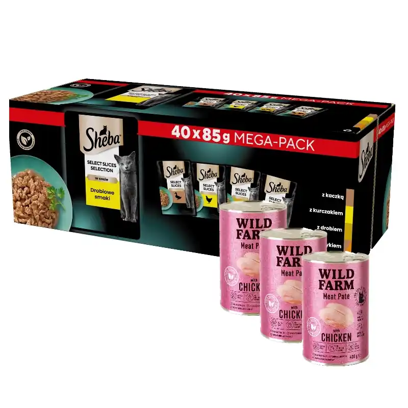 Árengedmény SHEBA Selection Select Slices Poultry Flavours tasak 40x85g + WILD FARM Pate with Chicken 3x400g - gluténmentes macskatápok
