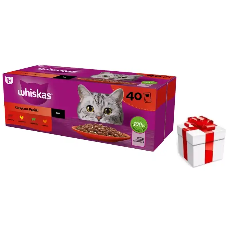 Kedvezményes ár WHISKAS Adult tasak 40 x 85 g Classic Meals - nedves eledel felnőtt macskáknak, mártással (marhahús, csirke, bárány, baromfi) + ingyenes macska meglepetés.