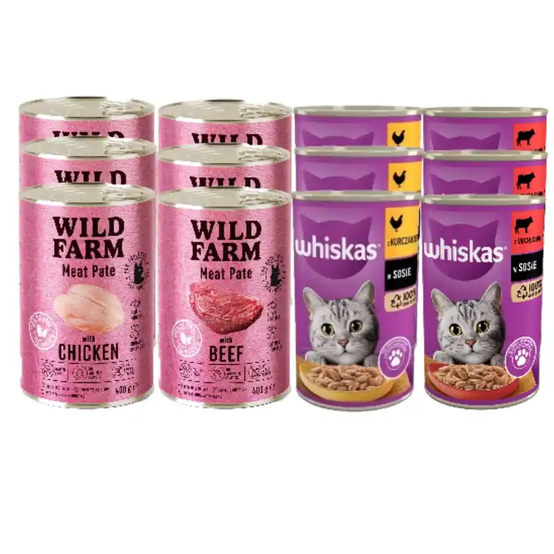 Korlátozott ajánlat WHISKAS Nedvestáp 1+ mártásos csirkével 3x400g , marhahússal 3x400g + Wild Farm csirke 3x400g, marhahús 3x400g