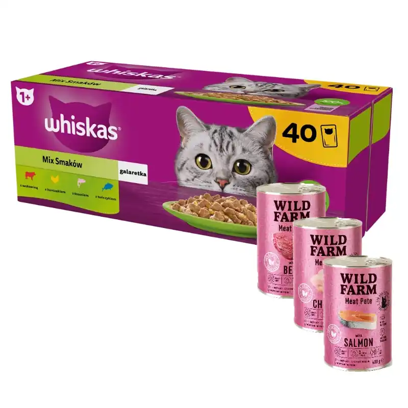 WHISKAS Adult tasak 40 x 85 g Vegyes ízek - nedves eledel felnőtt macskáknak, zselében (darabokban marhahús, csirke, lazac, tonhal) + WILD FARM Pate 3x400g Bestseller