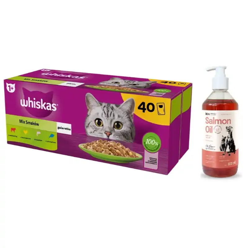 WHISKAS Adult tasak 40 x 85 g Vegyes ízek - nedves eledel felnőtt macskáknak, zselében (darabokban marhahús, csirke, lazac, tonhal) + LAB V lazacolaj kutyáknak és macskáknak 500ml Szuper akció