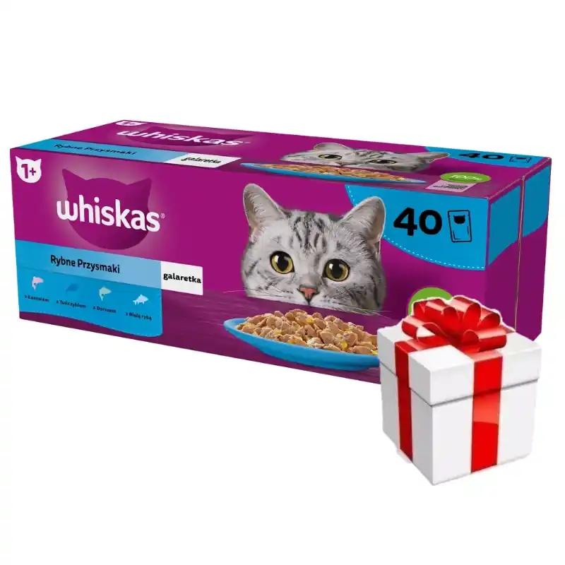 WHISKAS Adult tasak 40 x 85 g Halas finomságok - nedves eledel felnőtt macskáknak, zselében (darabokban lazac, tonhal, tőkehal, fehér hal) + ingyenes macska meglepetés. Akció