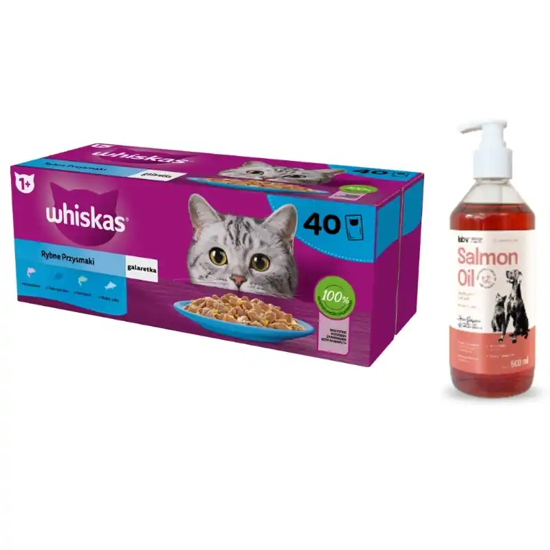 Utolsó esély WHISKAS Adult tasak 40 x 85 g Fishy Treats - nedves eledel felnőtt macskáknak, zselében (darabokban lazac, tonhal, tőkehal, fehér hal) + LAB V lazacolaj kutyáknak és macskáknak 500ml
