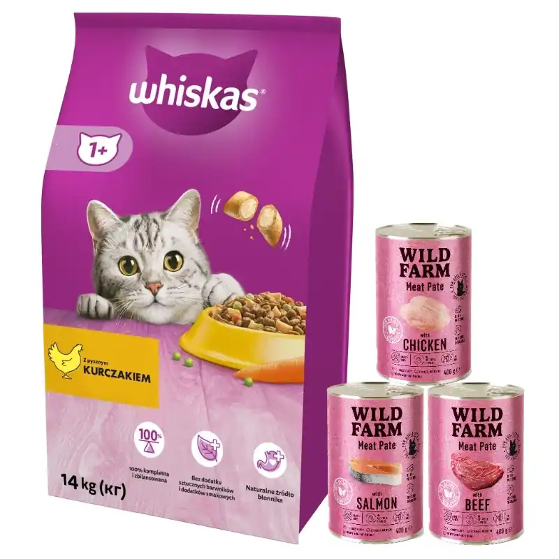 Ajánlat WHISKAS Száraz macskatáp 1+ csirkével 14kg + WILD FARM pástétom 3x400g