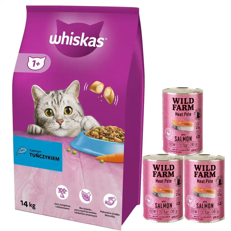 Ajánlat WHISKAS Száraz macskatáp 1+ tonhallal 14kg + WILD FARM Pate lazaccal 3x400g