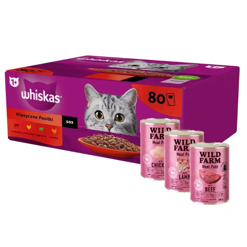 Ajánlat WHISKAS Adult tasak 80 x 85g Classic Meals - nedves eledel felnőtt macskáknak, mártással (marhahús, csirke, bárány, baromfi) + WILD FARM Pate 3x400g MIX