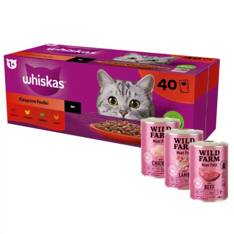 Azonnal elérhető WHISKAS Adult tasak 40 x 85g Classic Meals - nedves eledel felnőtt macskáknak, mártással (marhahús, csirke, bárány, baromfi) + WILD FARM Pate 3x400g MIX