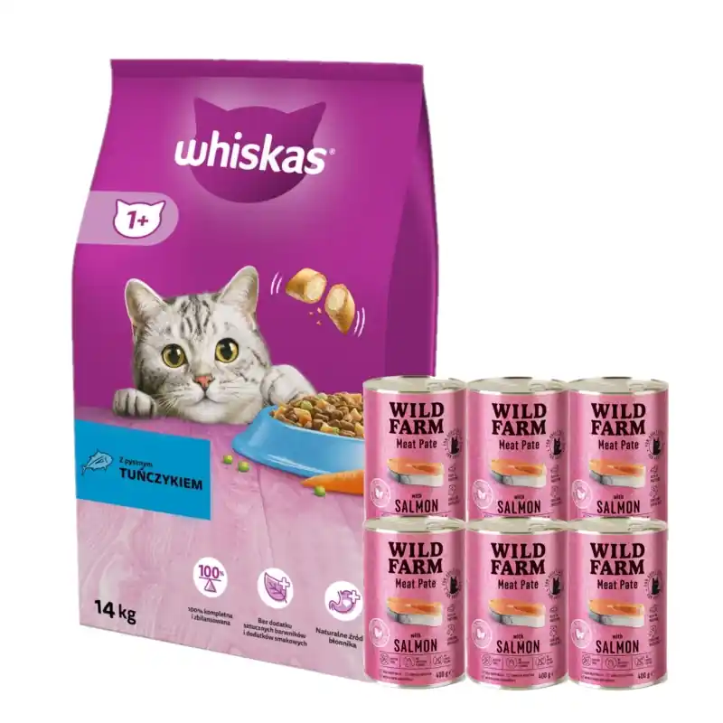 Biztonságos vásárlás WHISKAS Száraz macskatáp 1+ tonhallal 14kg + WILD FARM Pate lazaccal 6x400g