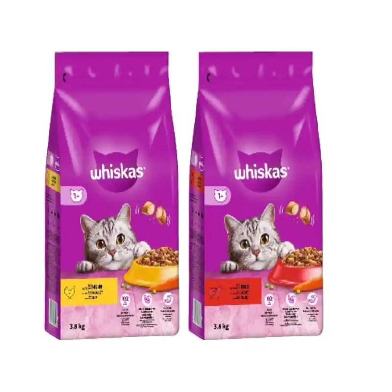 Bestseller WHISKAS Adult 3,8 kg - száraz teljes értékű eledel felnőtt macskáknak, ízletes marhahússal + WHISKAS Adult 3,8 kg - száraz eledel felnőtt macskáknak, ízletes csirkehússal
