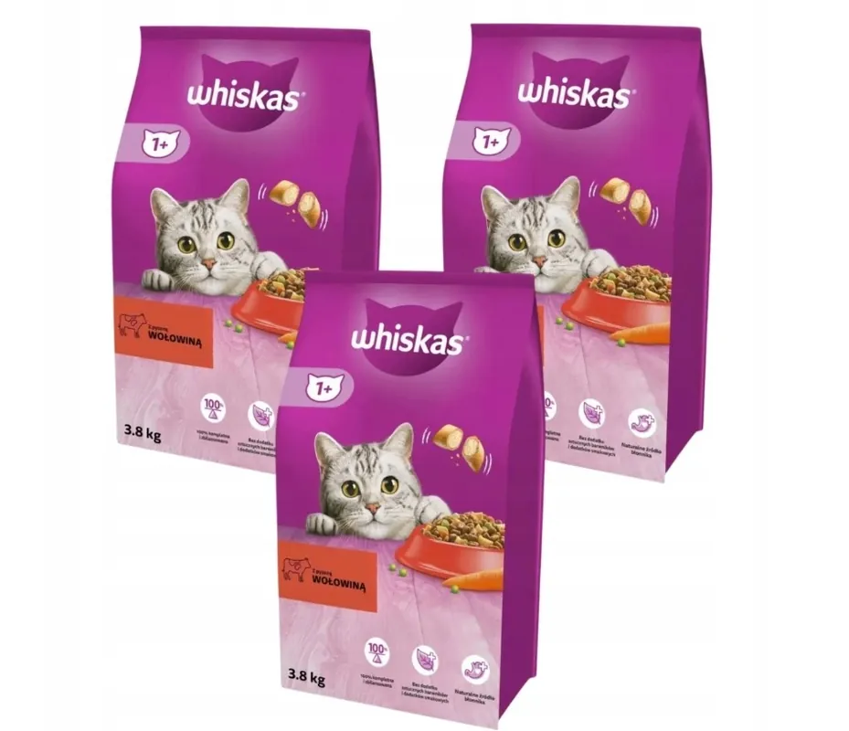 WHISKAS Adult 3x3,8 kg - száraz teljes értékű eledel felnőtt macskáknak, ízletes marhahússal Utolsó esély