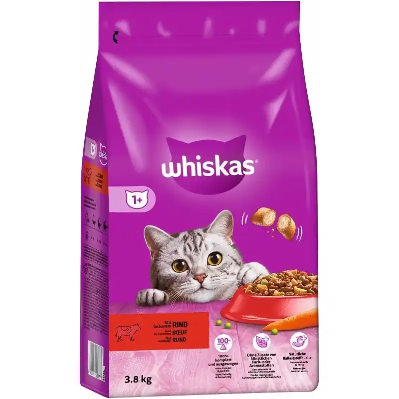WHISKAS Adult 3,8 kg - száraz teljes értékű eledel felnőtt macskáknak, ízletes marhahússal Árengedmény
