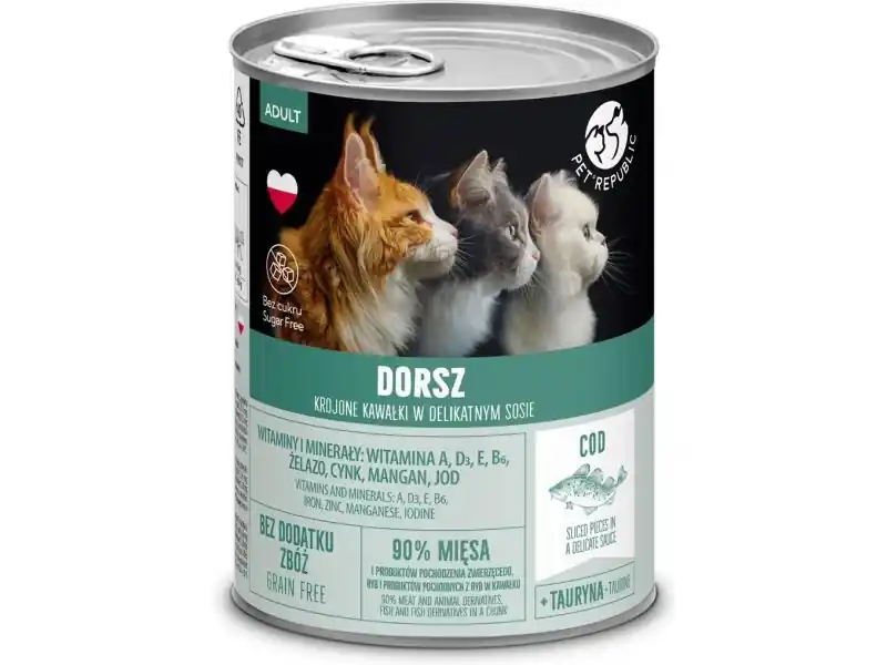 Népszerű PetRepublic darabok szószban tőkehallal 30x400g macskáknak