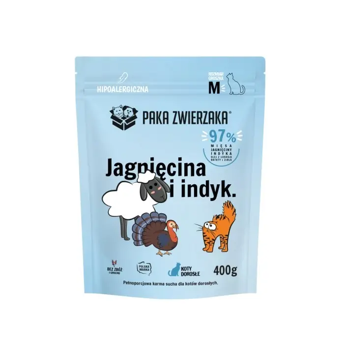 Exkluzív ajánlat Paka Zwierzaka - Száraz macskaeledel bárány és pulyka ‘‘M‘‘ 400g