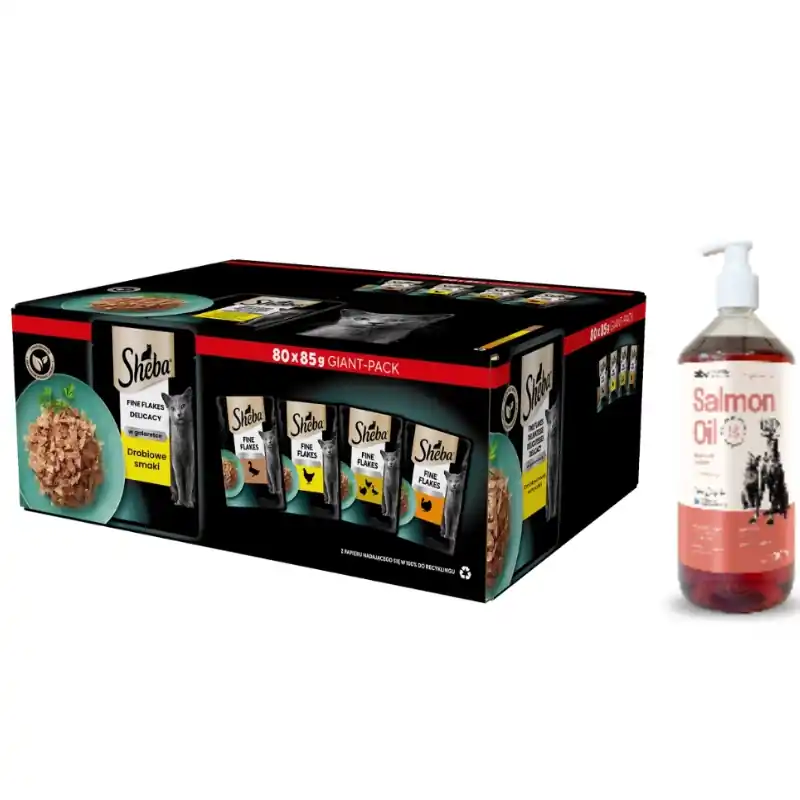 Prémium SHEBA Delicacy Fine Flakes Poultry Flavour Sachets 80x85 g - Teljes értékű nedves eledel felnőtt macskáknak, zselében (darabokban kacsa, csirke, baromfi, pulyka) + Lab-V lazacolaj 100% kutyának és macskának.