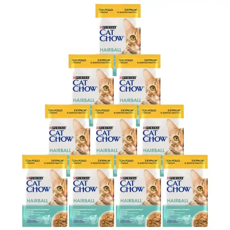 Kedvezményes ár PURINA CAT CHOW szőrgombóc macskatáp csirkével és zöldbabbal szószban 10x85g