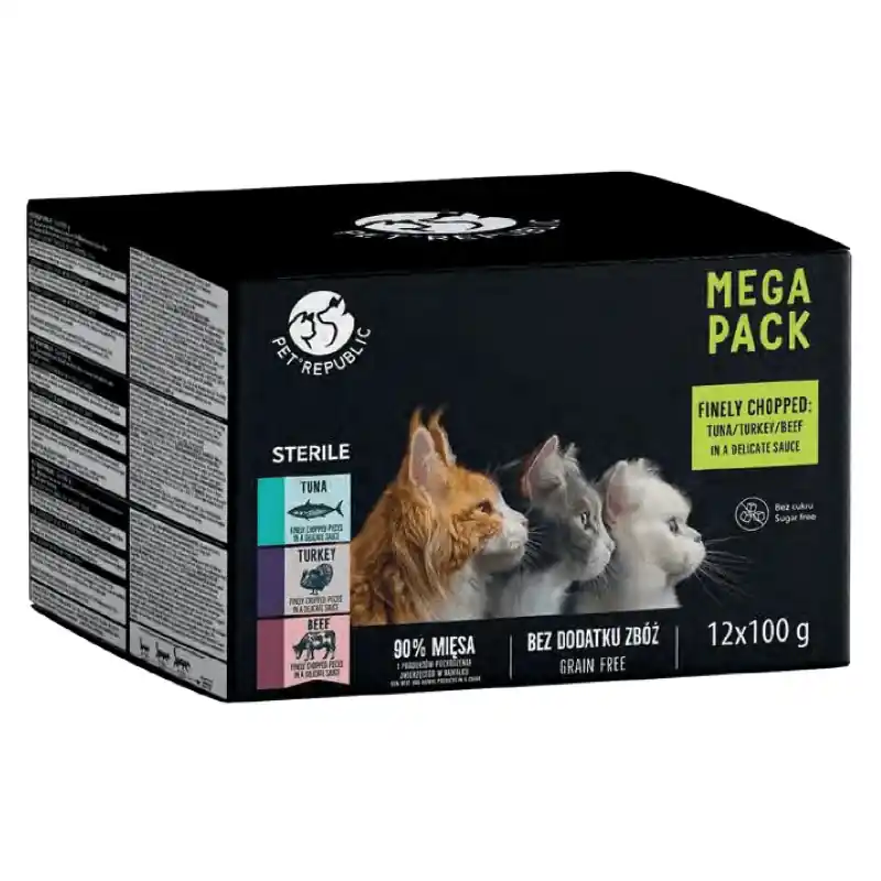 Szezonális akció PetRepublic nedves macskaeledel sterilizálás után darabok finom szószban MIX 3 ízben 2x (12x100g)
