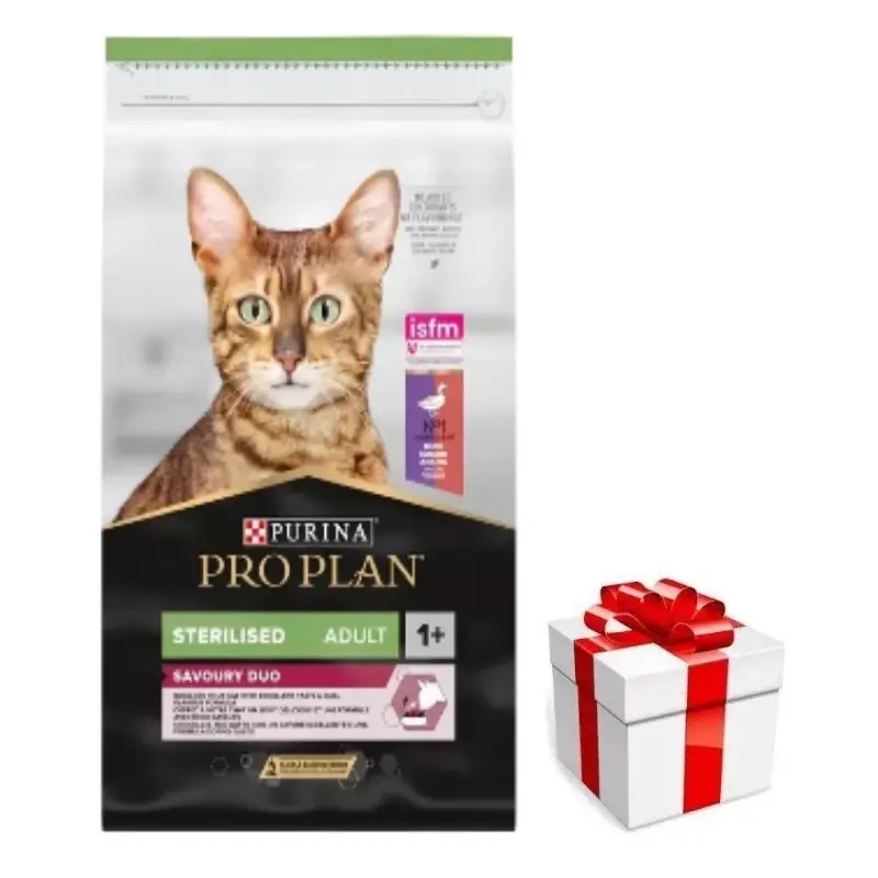 PURINA Pro Plan Cat Sterilizált kacsa és máj 10kg + Ingyenes Meglepetés Macskának Prémium
