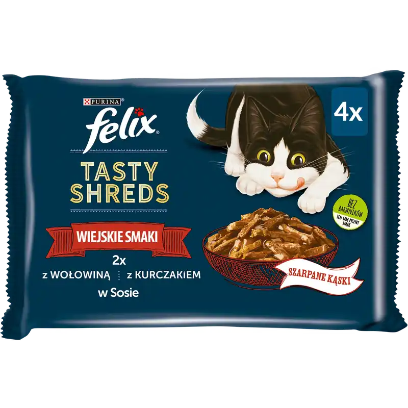 Kedvezményes ár FELIX Tasty Shreds eledel felnőtt macskáknak vidéki ízek szószban 4x80g