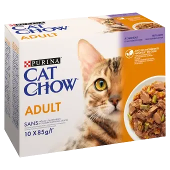PURINA Cat Chow Felnőtt macskaeledel bárányhússal és zöldbabbal zselében 10x85g Azonnal elérhető