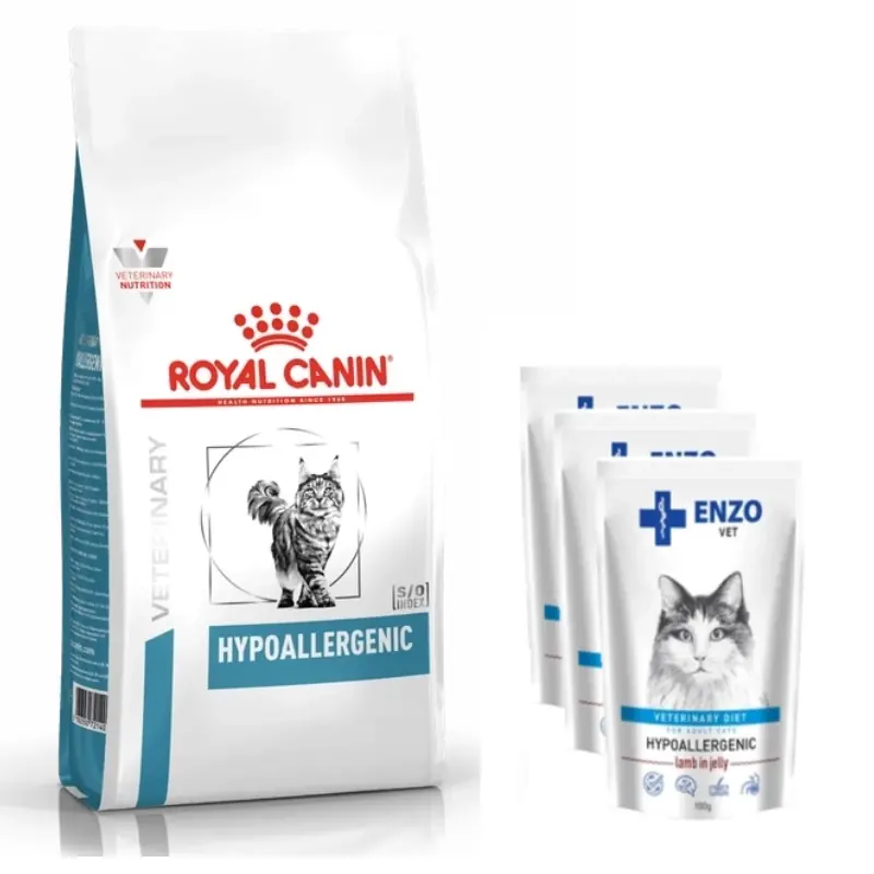 Akció ROYAL CANIN Hypoallergén 2.5kg+ ENZO VET Hypoallergén macskáknak bárányhús zselével 3x100g