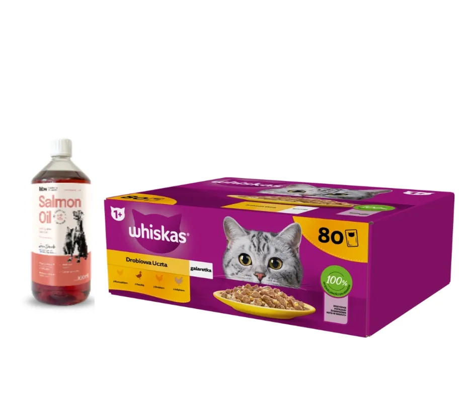 Nézd meg most WHISKAS Adult tasak 80 x 85 g Poultry Feast - nedves eledel felnőtt macskáknak, zselében (darabokban csirke, kacsa, baromfi, pulyka) + Lab-V lazacolaj 100% Kutyáknak és macskáknak minden korosztály számára 1000 ml Hidegen sajtolva