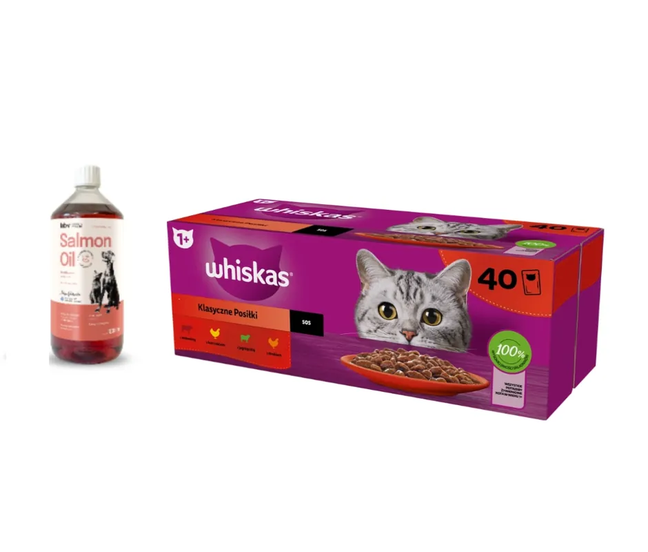 Csak ma WHISKAS Adult tasak 40 x 85 g Classic Meals - nedves eledel felnőtt macskáknak, mártással (marhahús, csirke, bárány, baromfi) + Lab-V Lazacolaj 100% Kutyáknak és macskáknak minden korosztály számára 1000 ml hidegen sajtolva
