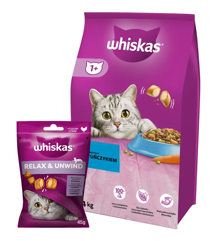 WHISKAS Száraz macskatáp 1+ tonhallal 14kg + WHISKAS Relax & Relieve 45g macskaeledel, csirkével Biztonságos fizetés