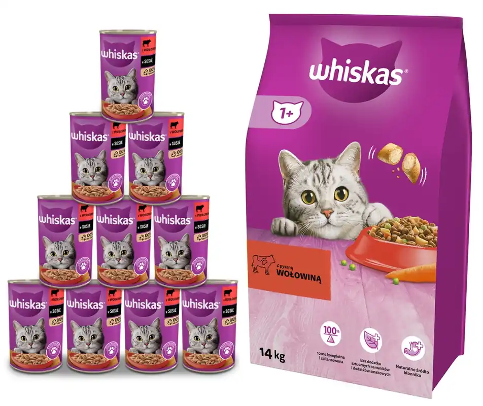 Legnépszerűbb Whiskas Adult Beef Dry Food 14kg + 10xWHISKAS Adult konzerv 400 g - nedves teljes értékű eledel felnőtt macskáknak, marhahúsdarabokkal, mártással