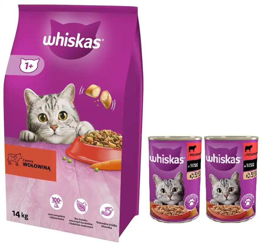 Újdonság Whiskas Adult Beef Dry Food 14kg + 2xWHISKAS Adult konzerv 400 g - nedves teljes értékű eledel felnőtt macskáknak, marhahúsdarabokkal, mártással