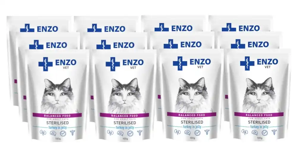 Azonnali szállítás ENZO VET Sterilizált táp sterilizált macskáknak pulykával zselében 12x100g