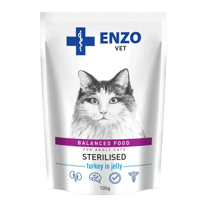 Vásárlói kedvenc ENZO VET Sterilizált táp sterilizált macskáknak pulykával zselében 100g