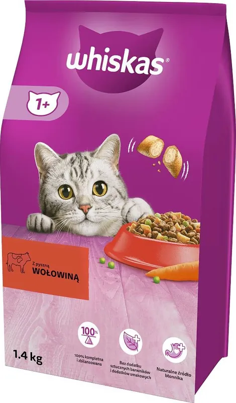 WHISKAS Adult 1,4 kg - száraz teljes értékű eledel felnőtt macskáknak, ízletes marhahússal Gyors szállítás