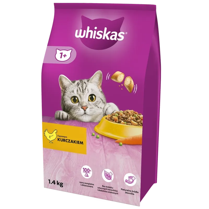 Különleges ajánlat WHISKAS Adult 1, 4 kg - száraz teljes értékű eledel felnőtt macskáknak, ízletes csirkehússal